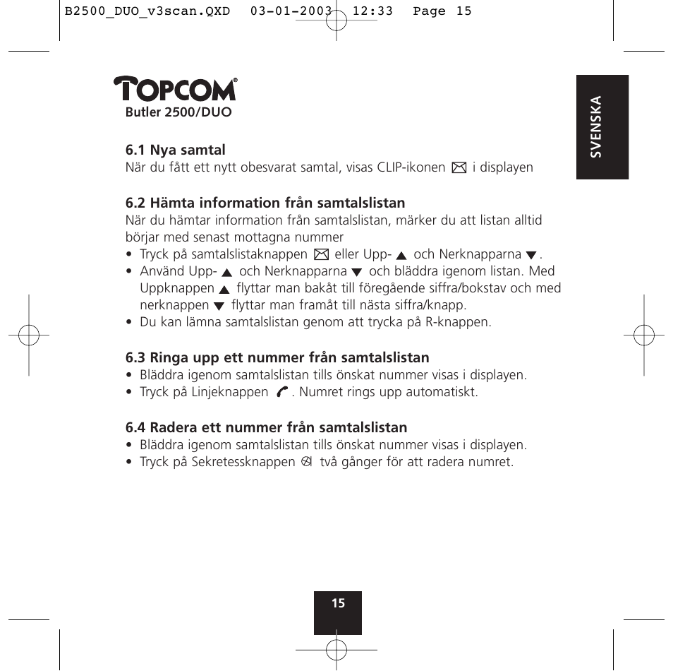 Topcom BUTLER 2500 Duo User Manual | Page 15 / 84