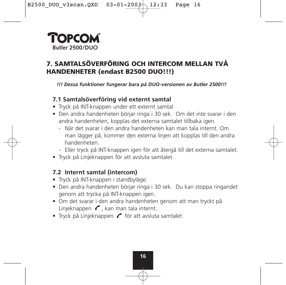 Topcom BUTLER 2500 Duo User Manual | Page 16 / 84
