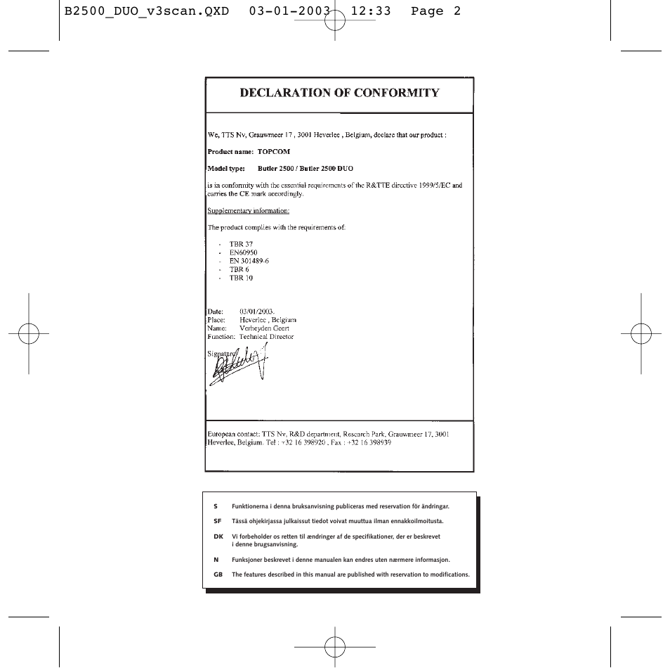 Topcom BUTLER 2500 Duo User Manual | Page 2 / 84