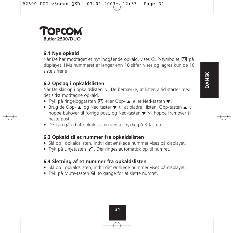 Topcom BUTLER 2500 Duo User Manual | Page 31 / 84