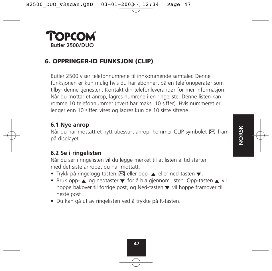 Topcom BUTLER 2500 Duo User Manual | Page 47 / 84