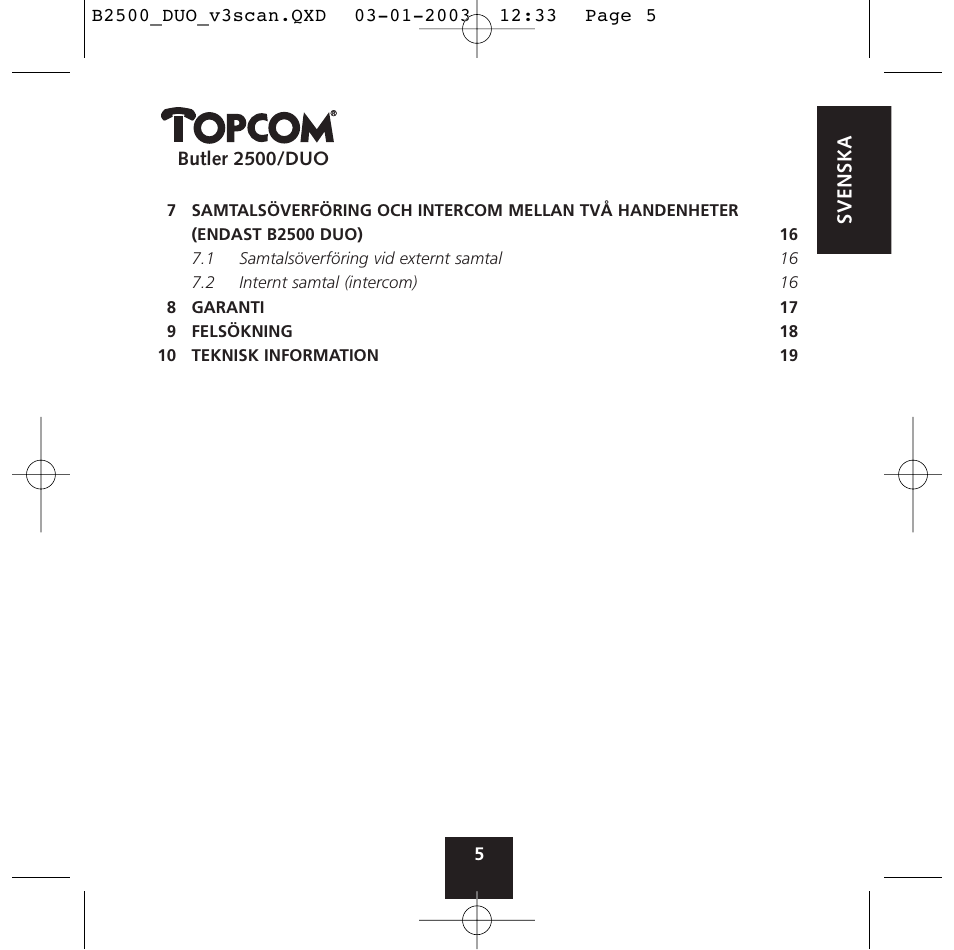 Topcom BUTLER 2500 Duo User Manual | Page 5 / 84