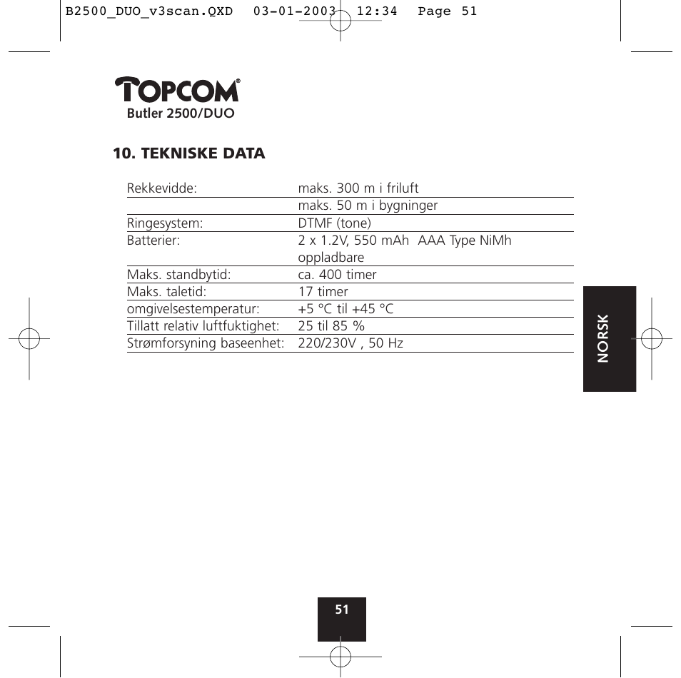 Topcom BUTLER 2500 Duo User Manual | Page 51 / 84