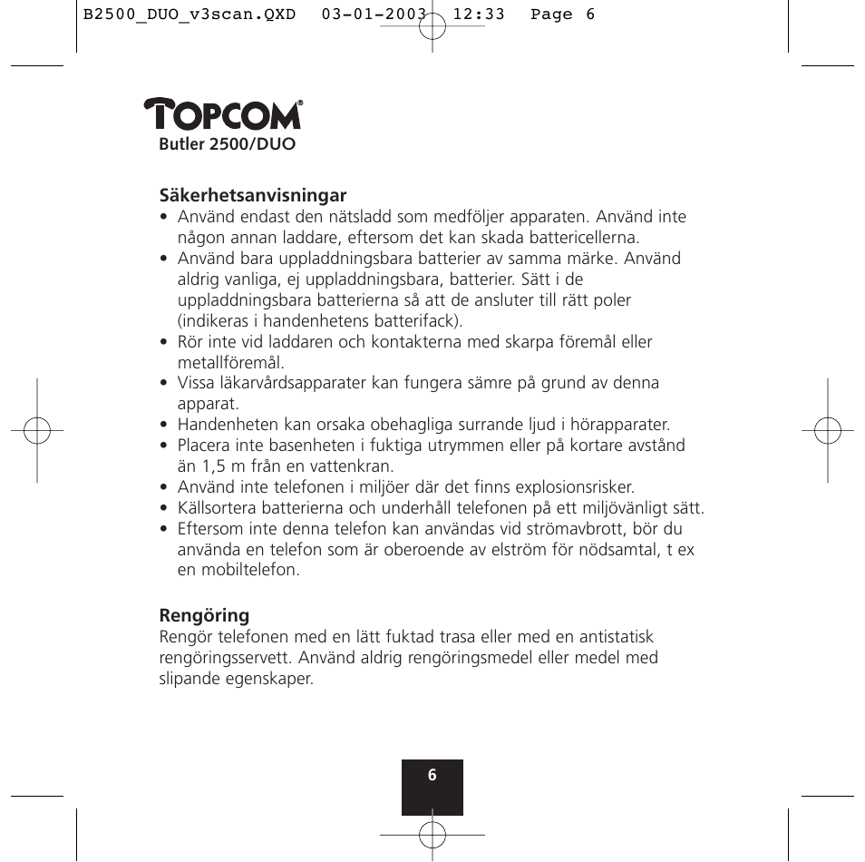 Topcom BUTLER 2500 Duo User Manual | Page 6 / 84