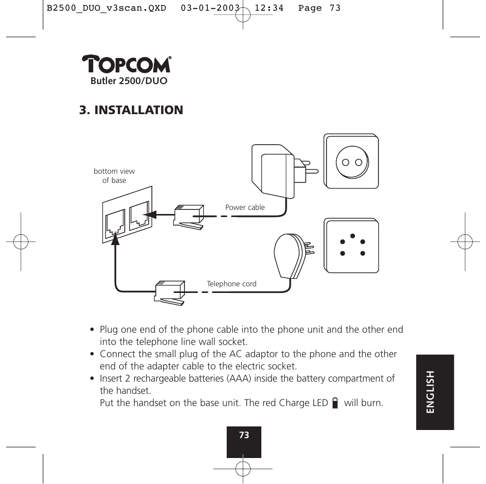 Installation | Topcom BUTLER 2500 Duo User Manual | Page 73 / 84
