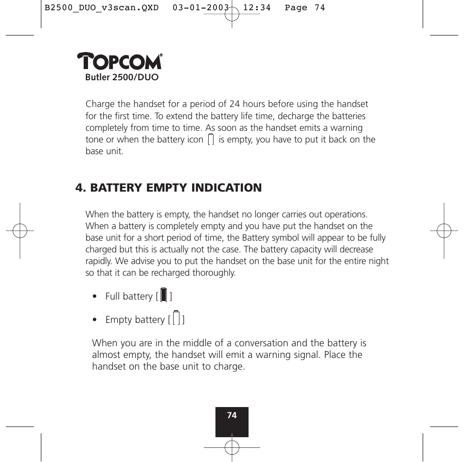 Battery empty indication | Topcom BUTLER 2500 Duo User Manual | Page 74 / 84