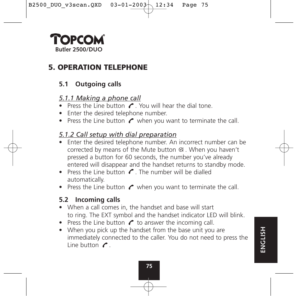 Operation telephone | Topcom BUTLER 2500 Duo User Manual | Page 75 / 84