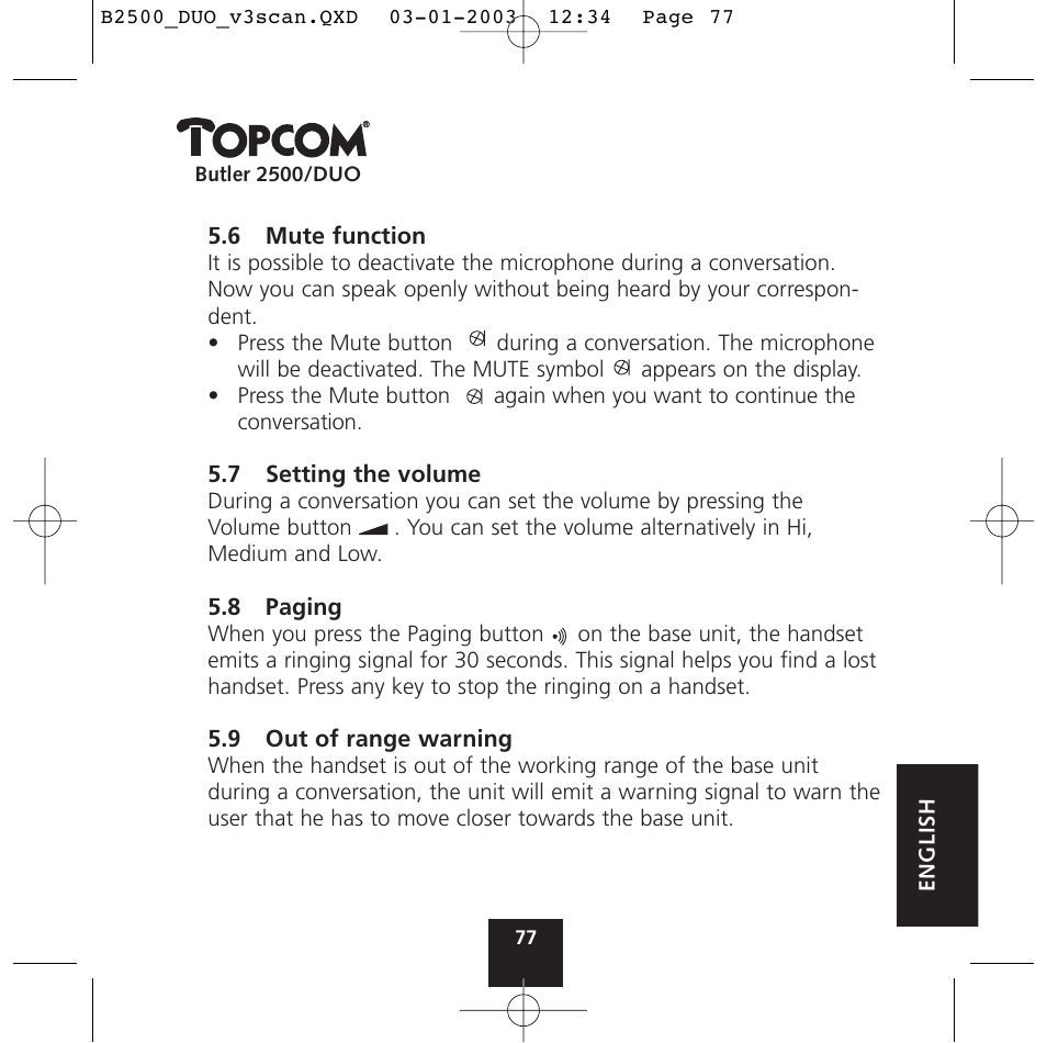 Topcom BUTLER 2500 Duo User Manual | Page 77 / 84