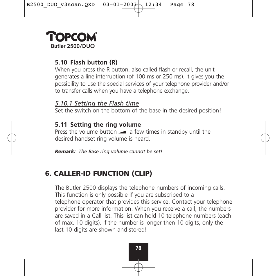 Caller-id function (clip) | Topcom BUTLER 2500 Duo User Manual | Page 78 / 84