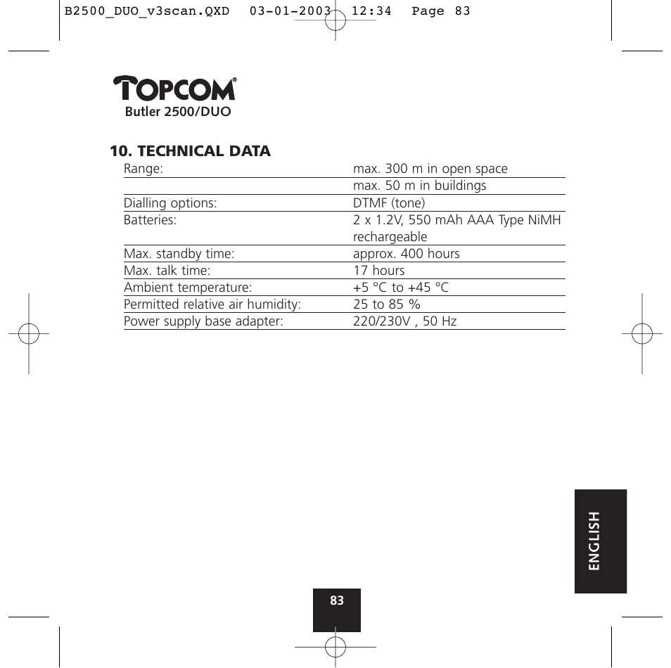 Topcom BUTLER 2500 Duo User Manual | Page 83 / 84