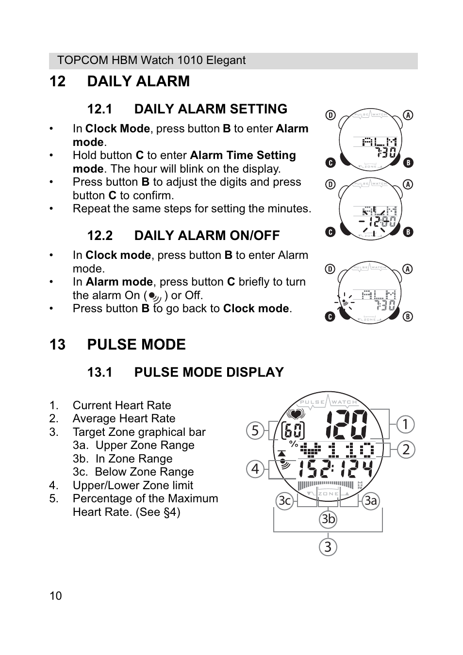 12 daily alarm, 13 pulse mode | Topcom HBM Watch 1010 Elelgant User Manual | Page 10 / 132