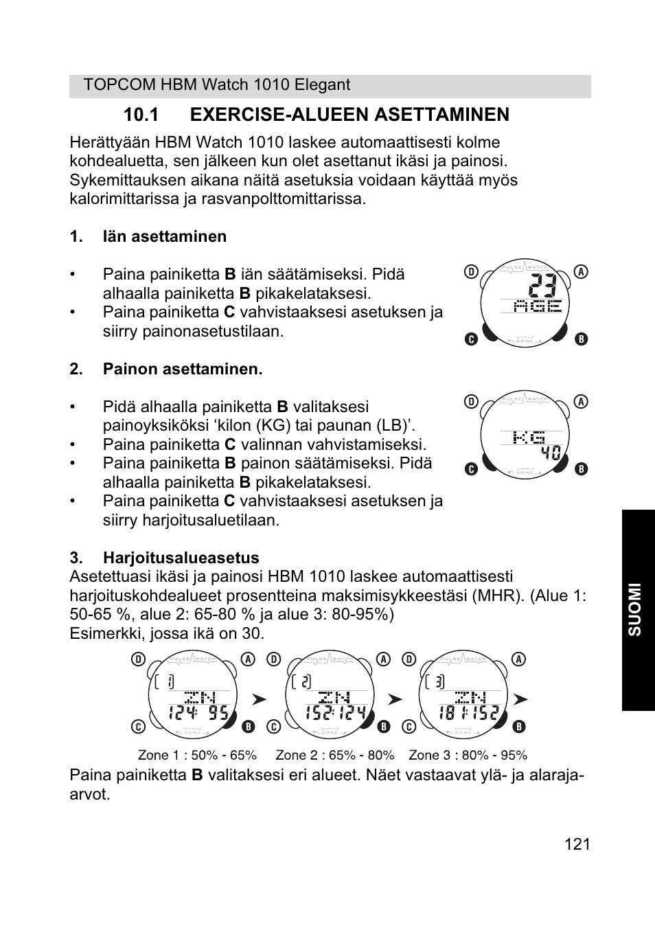 1 exercise-alueen asettaminen | Topcom HBM Watch 1010 Elelgant User Manual | Page 121 / 132