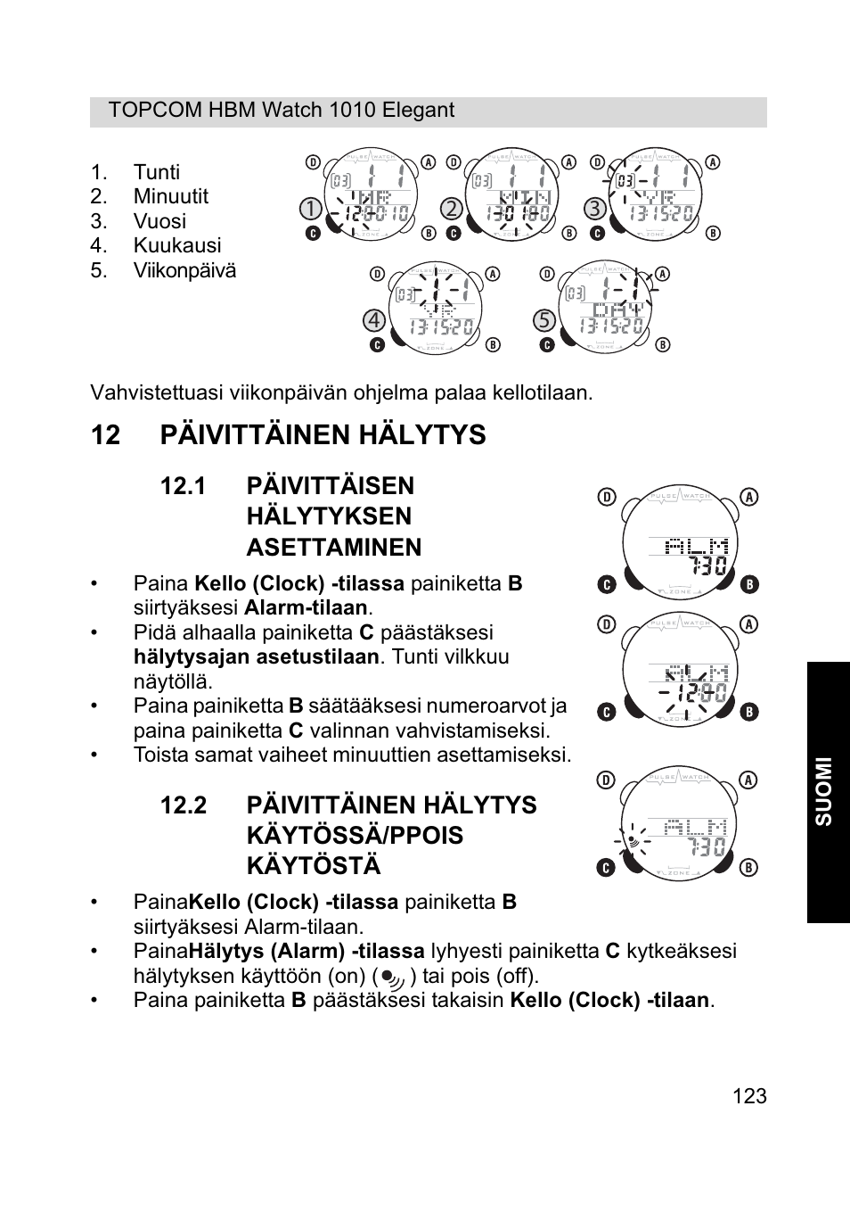 12 päivittäinen hälytys | Topcom HBM Watch 1010 Elelgant User Manual | Page 123 / 132