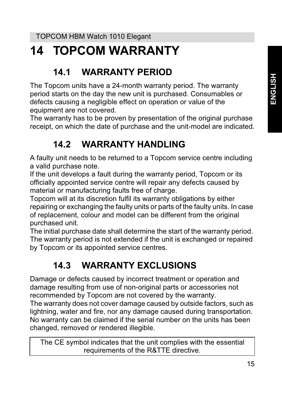 14 topcom warranty, 1 warranty period, 2 warranty handling | 3 warranty exclusions | Topcom HBM Watch 1010 Elelgant User Manual | Page 15 / 132