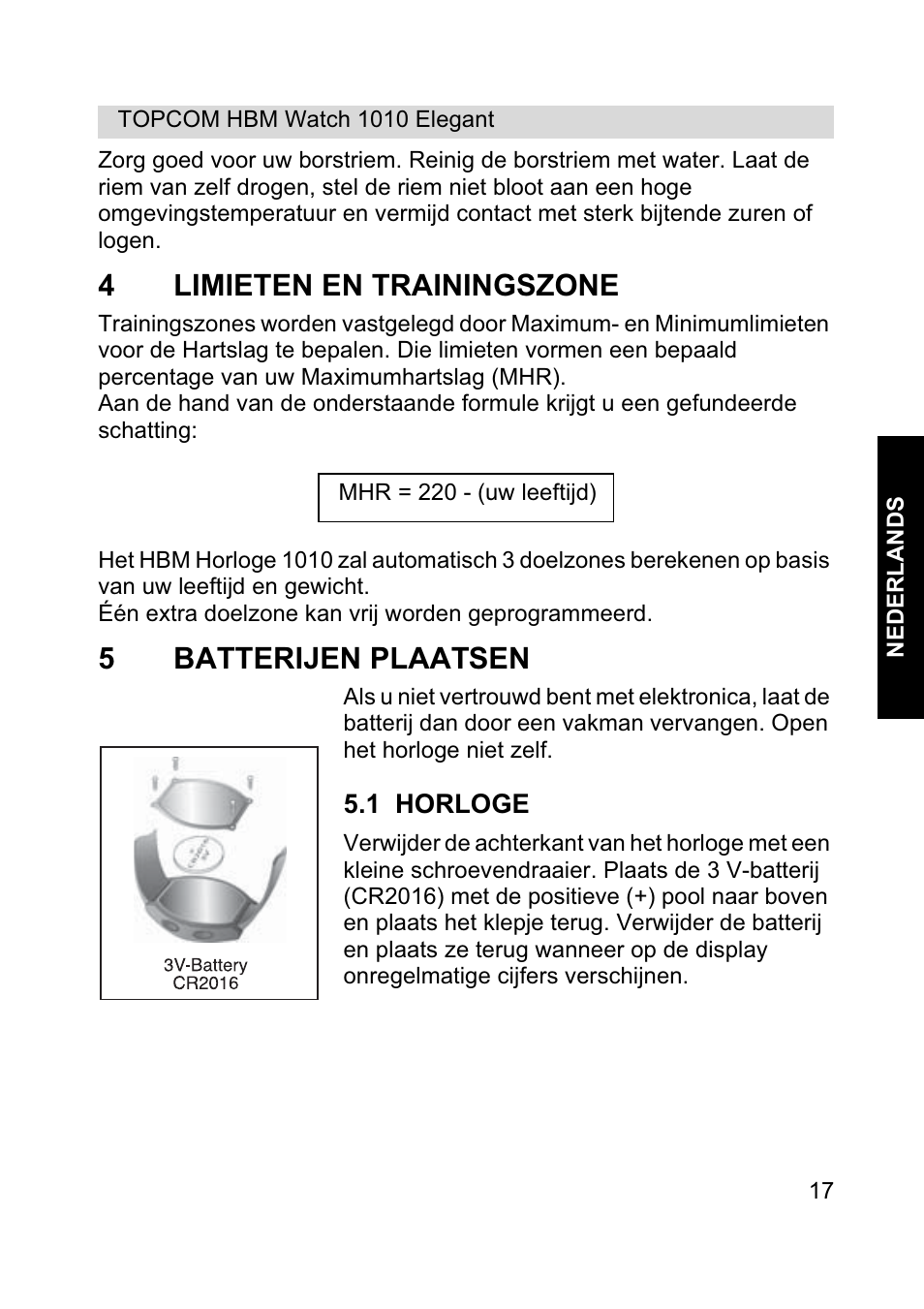 4limieten en trainingszone, 5batterijen plaatsen | Topcom HBM Watch 1010 Elelgant User Manual | Page 17 / 132