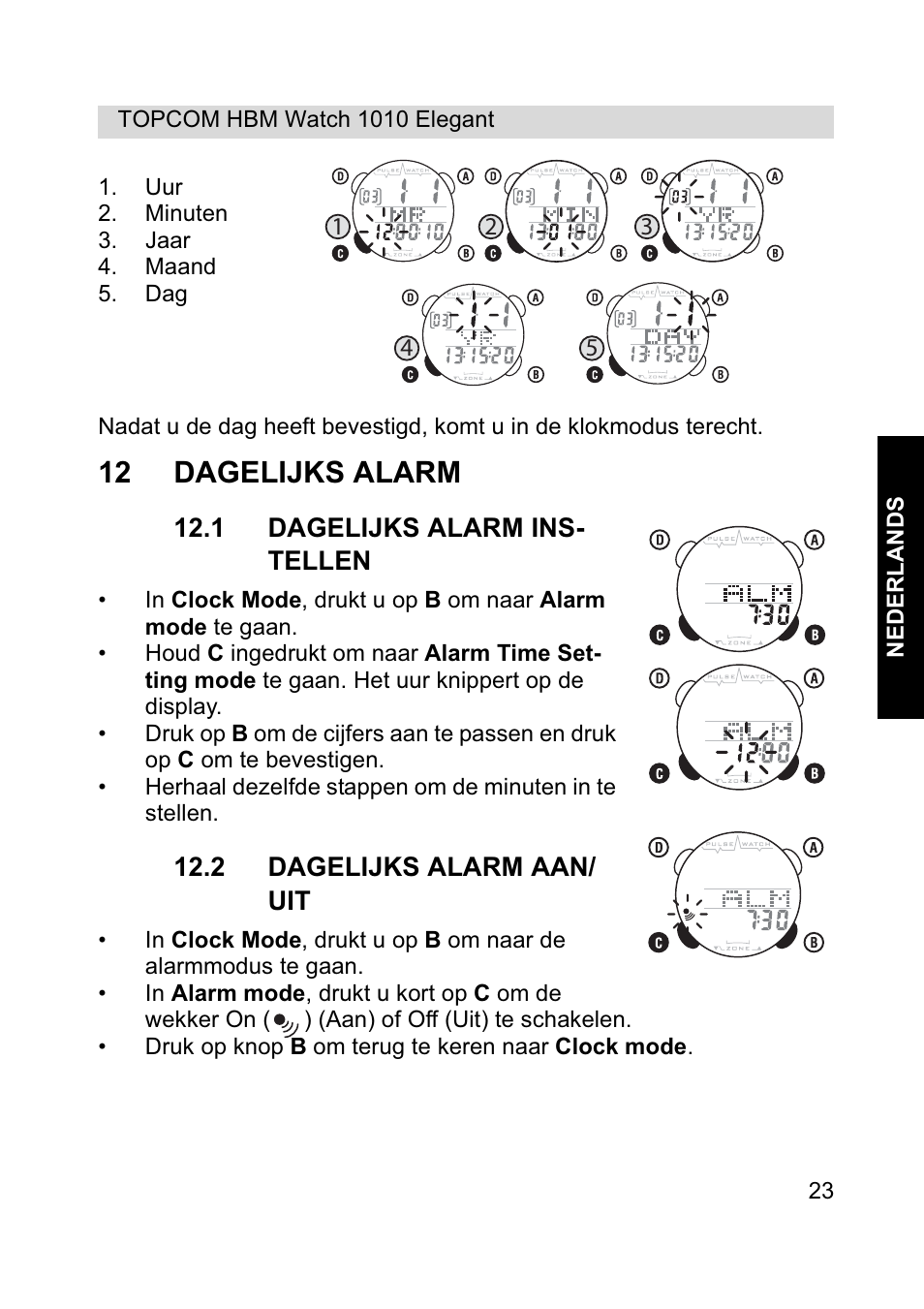12 dagelijks alarm | Topcom HBM Watch 1010 Elelgant User Manual | Page 23 / 132