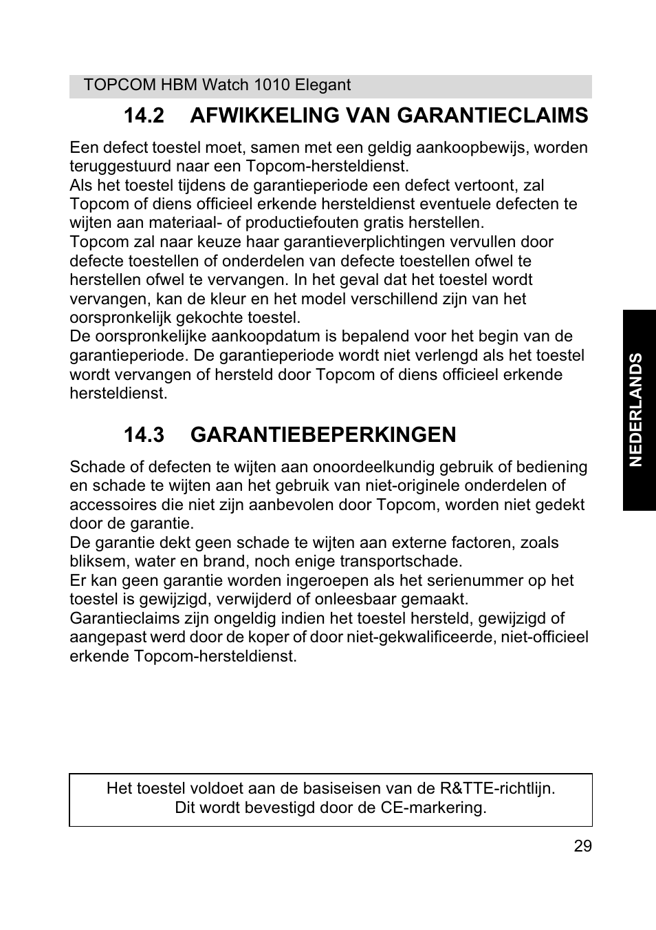 2 afwikkeling van garantieclaims, 3 garantiebeperkingen | Topcom HBM Watch 1010 Elelgant User Manual | Page 29 / 132
