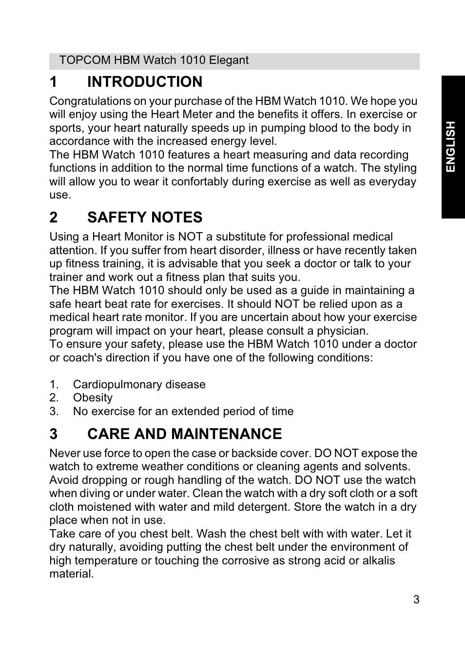 1introduction, 3care and maintenance | Topcom HBM Watch 1010 Elelgant User Manual | Page 3 / 132