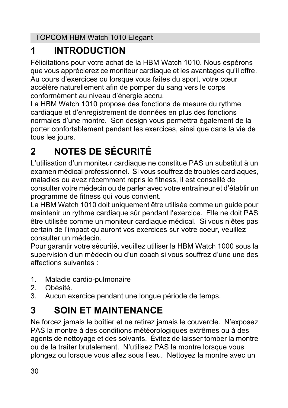 1introduction, 3soin et maintenance | Topcom HBM Watch 1010 Elelgant User Manual | Page 30 / 132