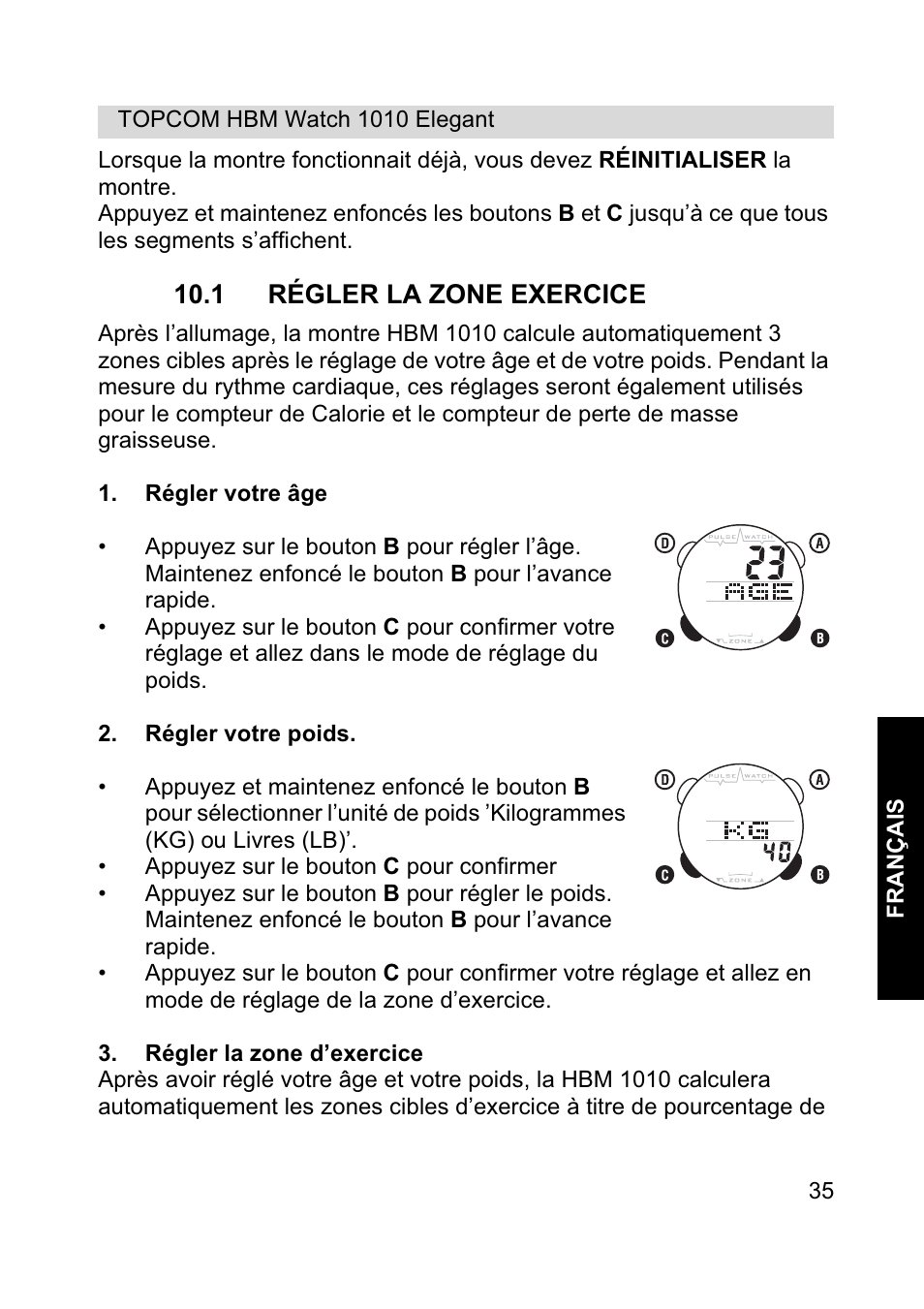 1 régler la zone exercice | Topcom HBM Watch 1010 Elelgant User Manual | Page 35 / 132