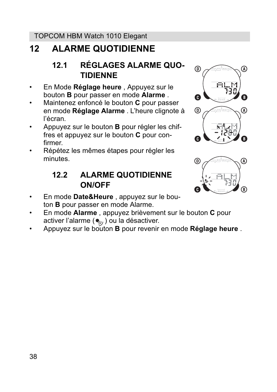 12 alarme quotidienne | Topcom HBM Watch 1010 Elelgant User Manual | Page 38 / 132