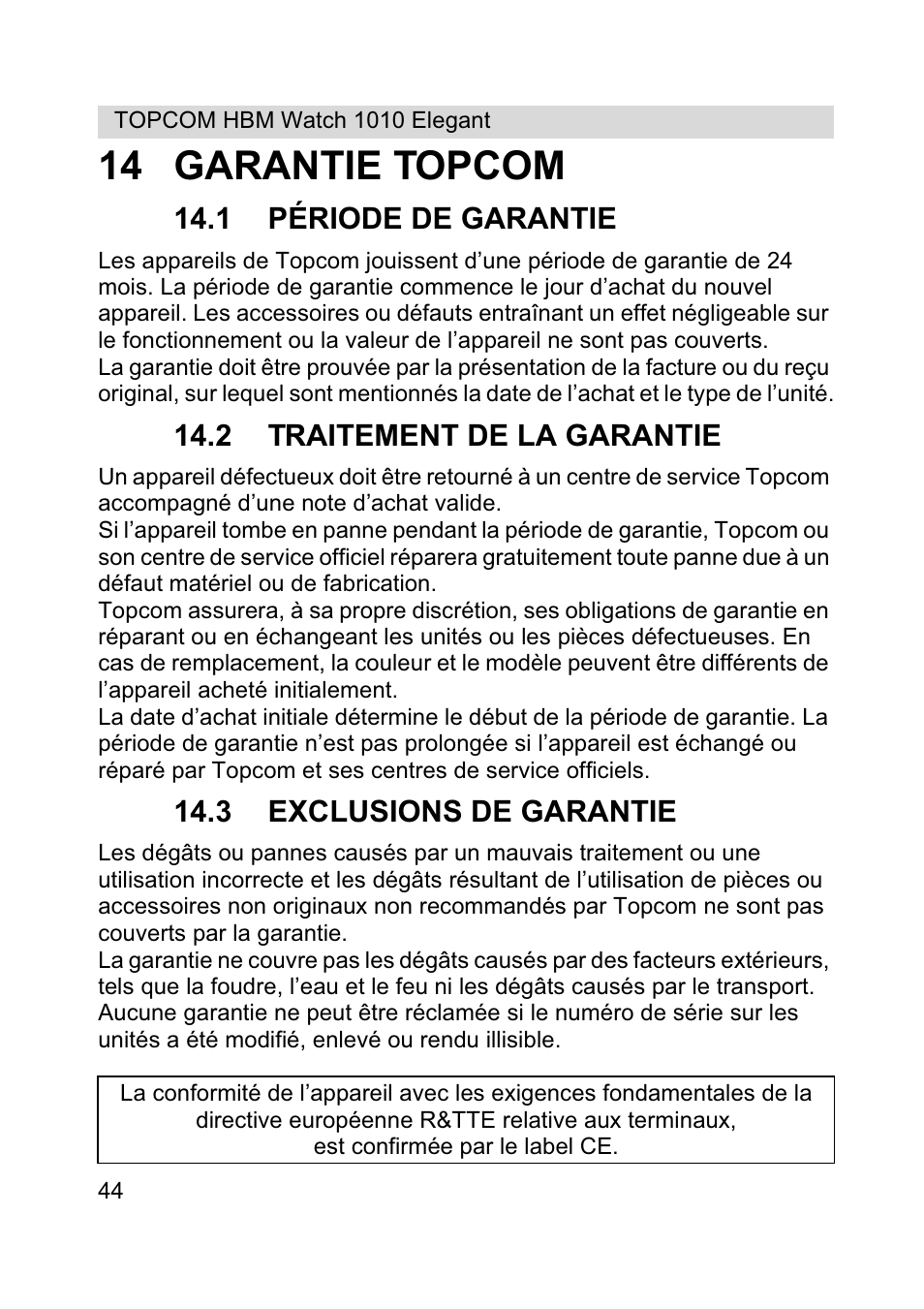 14 garantie topcom | Topcom HBM Watch 1010 Elelgant User Manual | Page 44 / 132