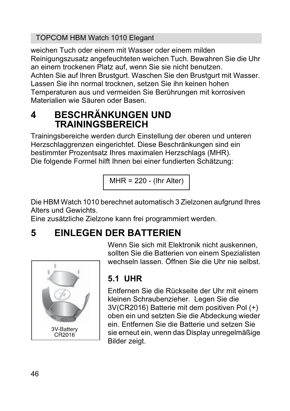 4beschränkungen und trainingsbereich, 5einlegen der batterien | Topcom HBM Watch 1010 Elelgant User Manual | Page 46 / 132