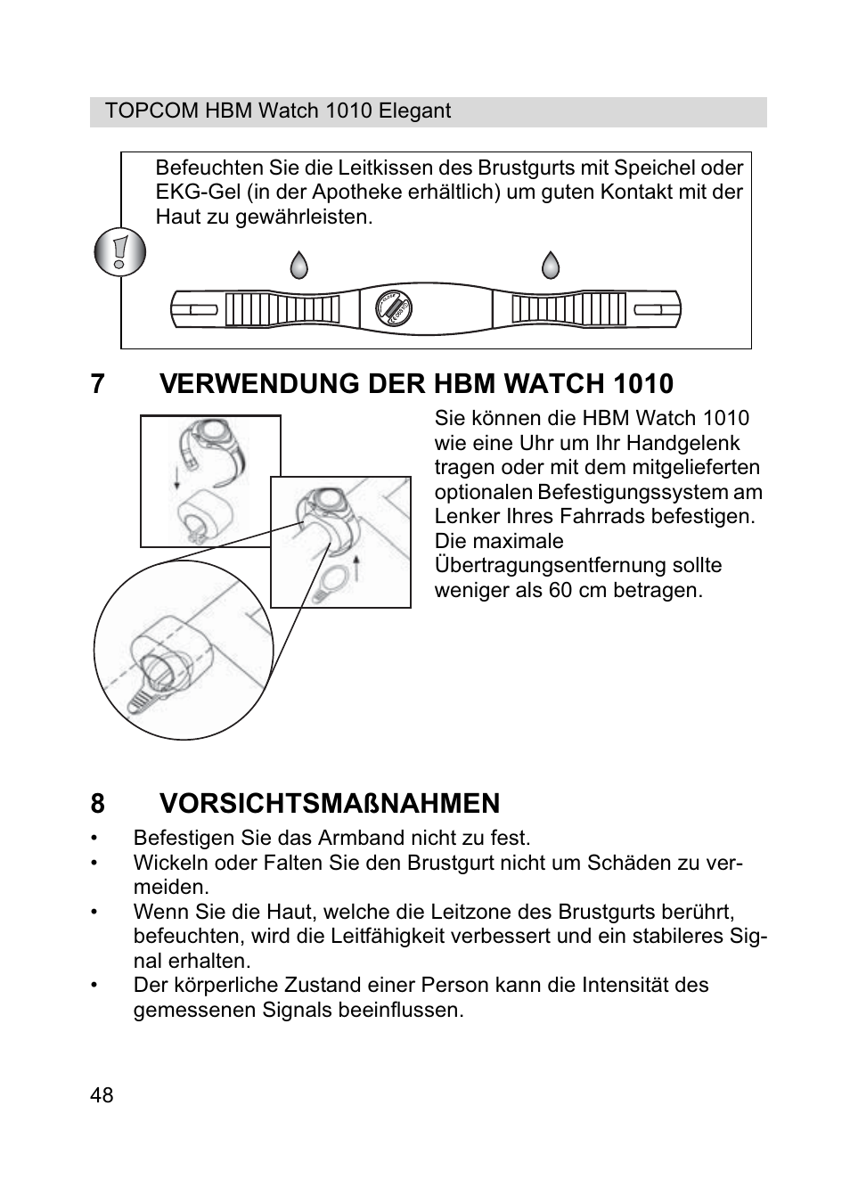 8vorsichtsmaßnahmen | Topcom HBM Watch 1010 Elelgant User Manual | Page 48 / 132