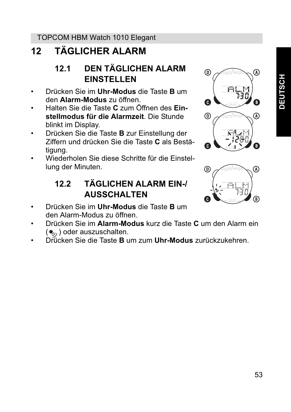 12 täglicher alarm | Topcom HBM Watch 1010 Elelgant User Manual | Page 53 / 132
