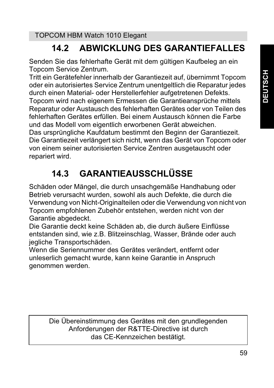 2 abwicklung des garantiefalles, 3 garantieausschlüsse | Topcom HBM Watch 1010 Elelgant User Manual | Page 59 / 132