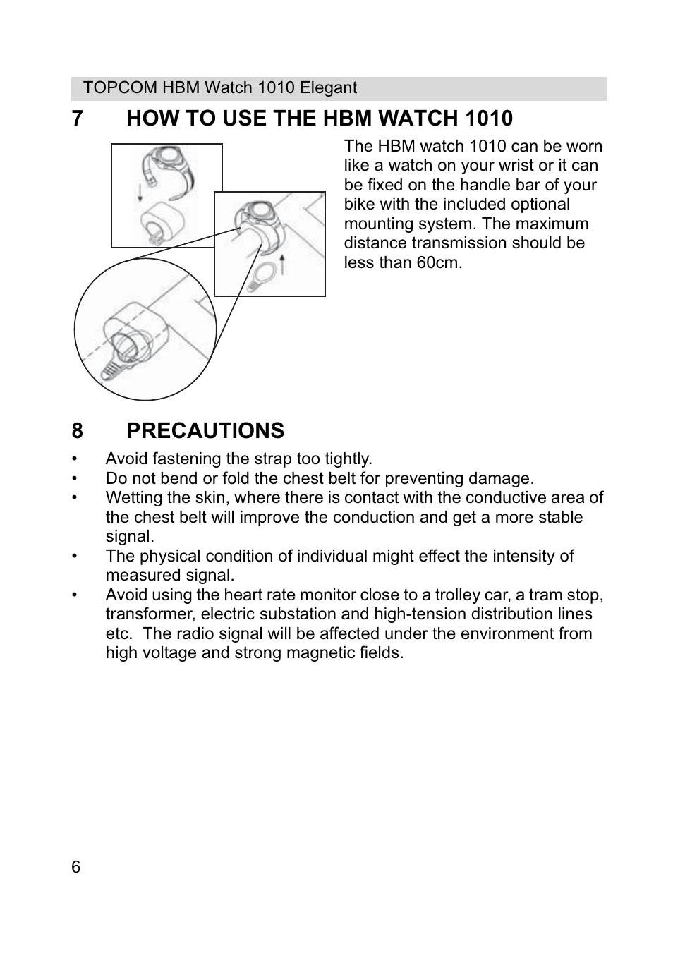 8precautions | Topcom HBM Watch 1010 Elelgant User Manual | Page 6 / 132