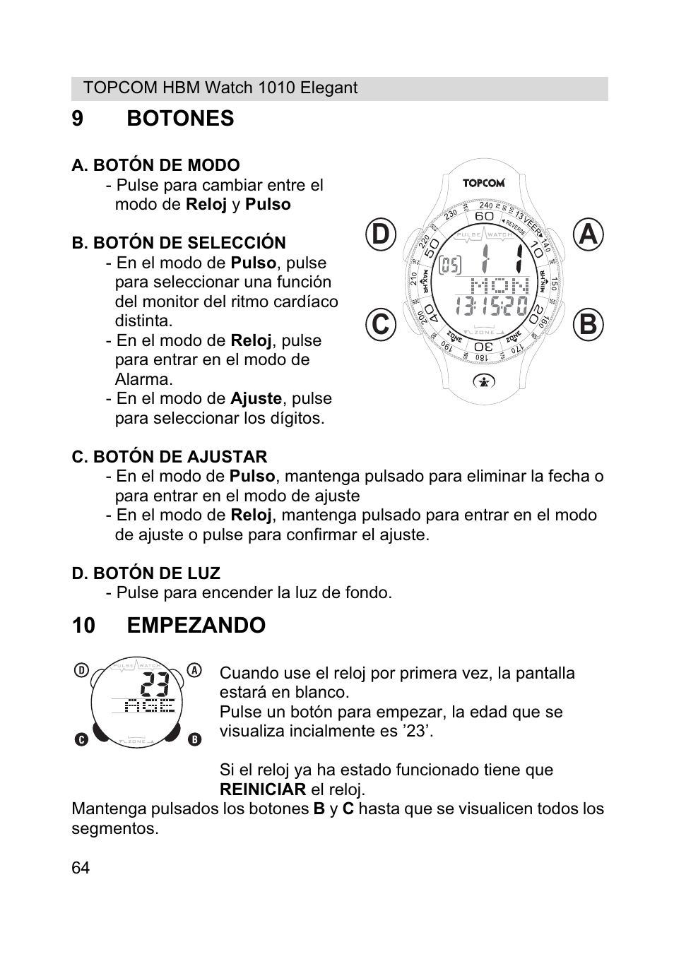 Ab c d, 9botones, 10 empezando | Topcom HBM Watch 1010 Elelgant User Manual | Page 64 / 132
