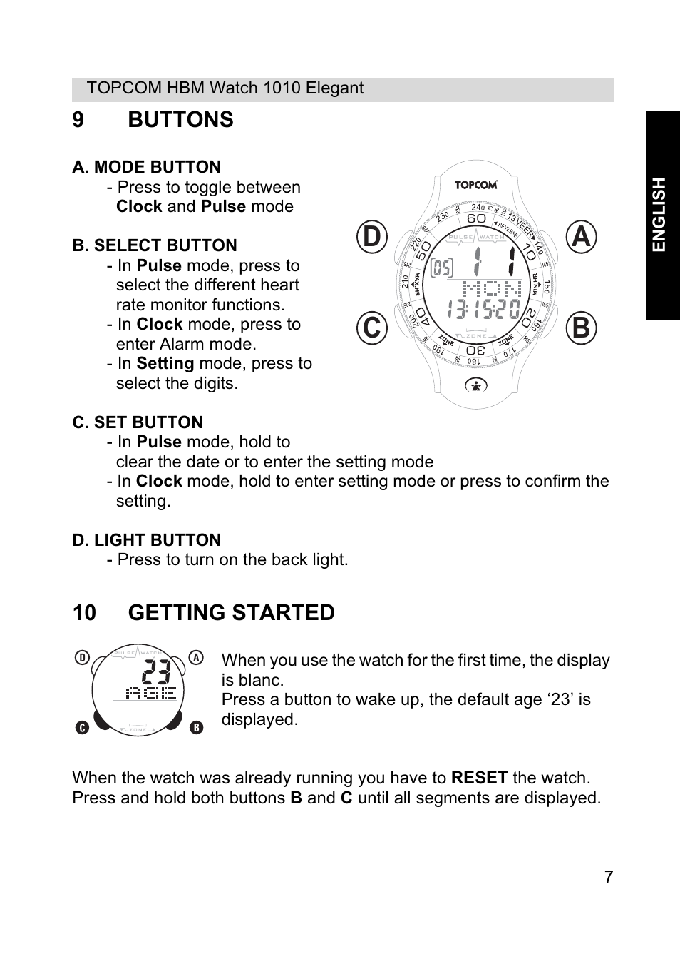 Ab c d, 9buttons, 10 getting started | Topcom HBM Watch 1010 Elelgant User Manual | Page 7 / 132