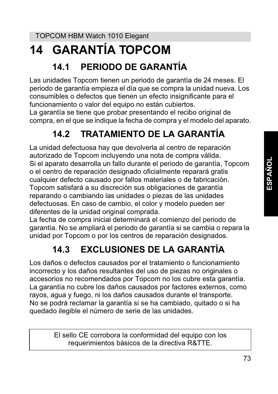 14 garantía topcom | Topcom HBM Watch 1010 Elelgant User Manual | Page 73 / 132