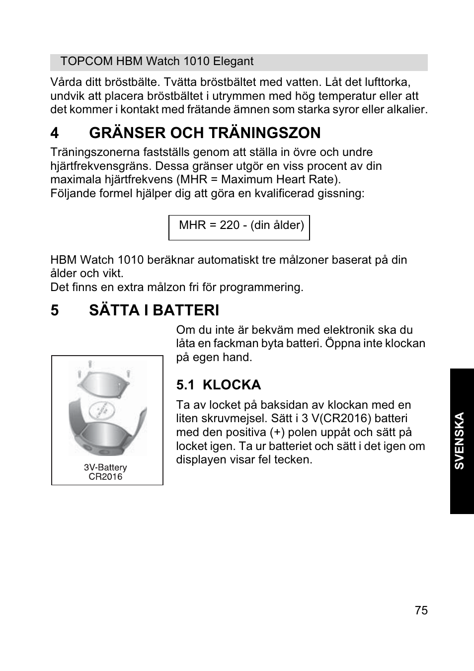 4gränser och träningszon, 5sätta i batteri | Topcom HBM Watch 1010 Elelgant User Manual | Page 75 / 132