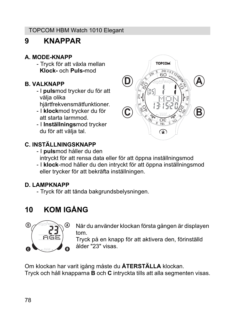 Ab c d, 9knappar, 10 kom igång | Topcom HBM Watch 1010 Elelgant User Manual | Page 78 / 132