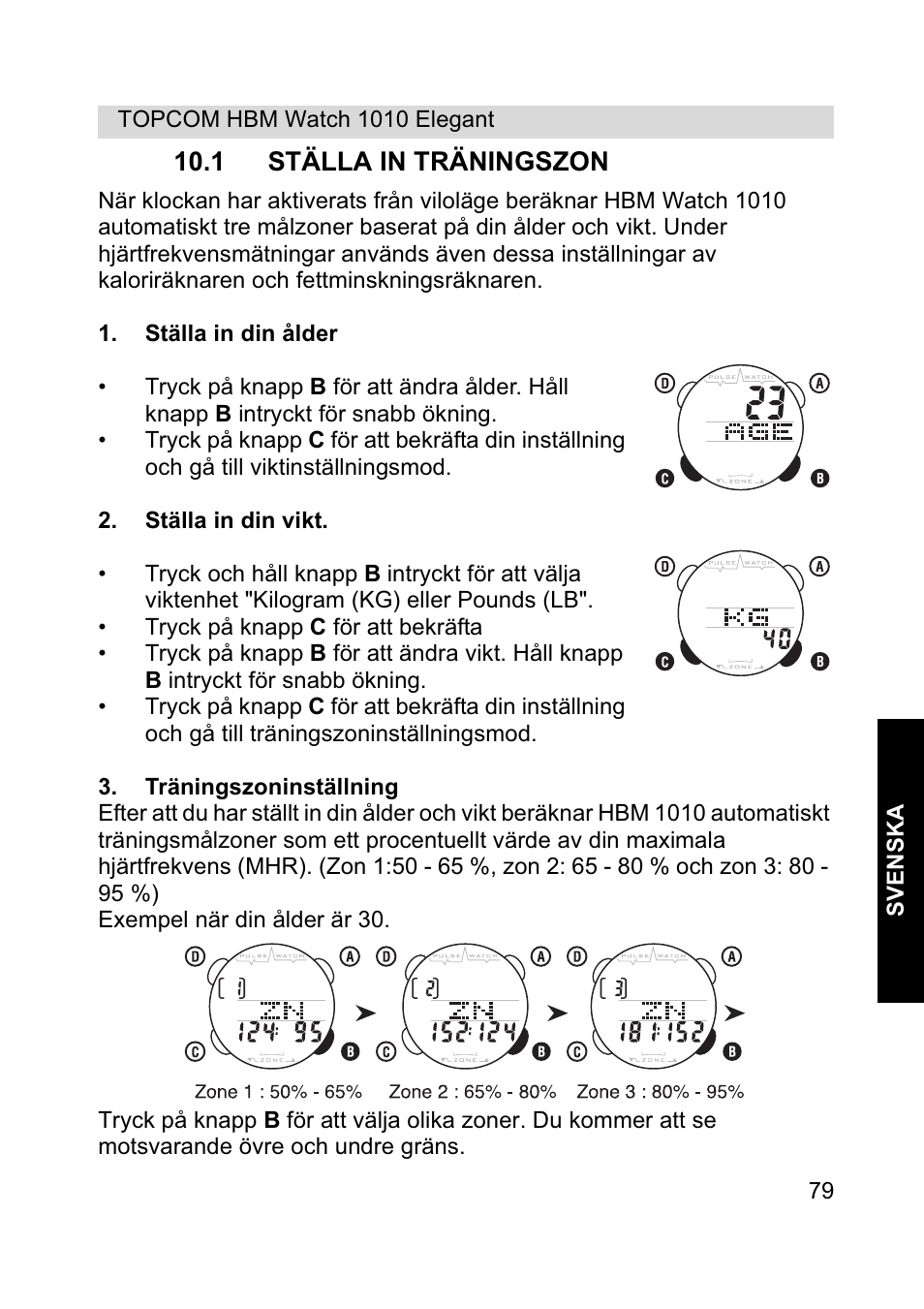 1 ställa in träningszon | Topcom HBM Watch 1010 Elelgant User Manual | Page 79 / 132