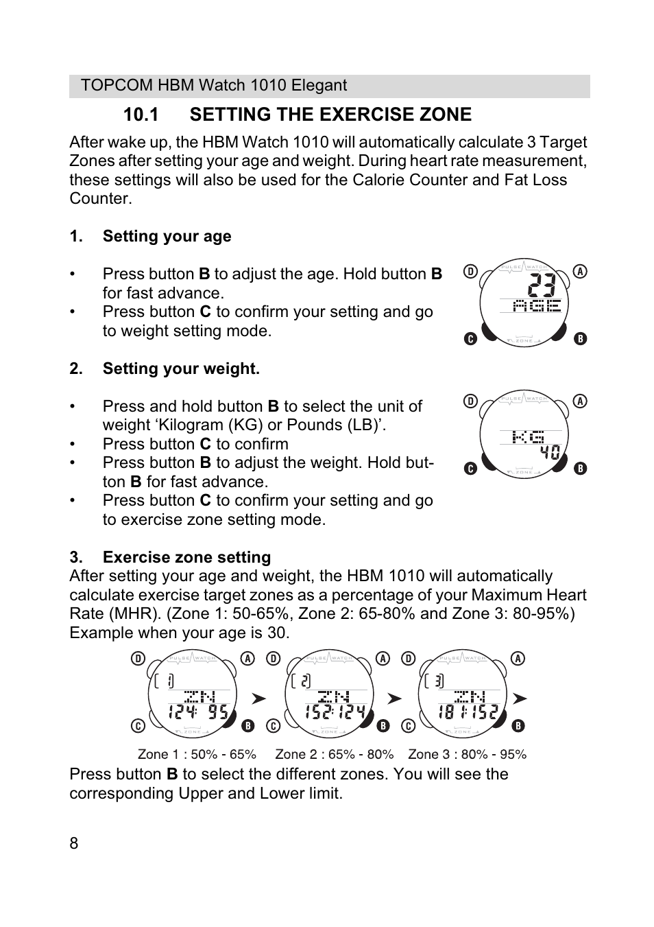 1 setting the exercise zone | Topcom HBM Watch 1010 Elelgant User Manual | Page 8 / 132