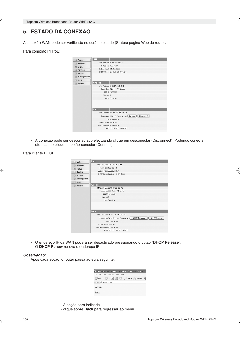Estado da conexão | Topcom Skyr@cer WBR 254G User Manual | Page 102 / 104