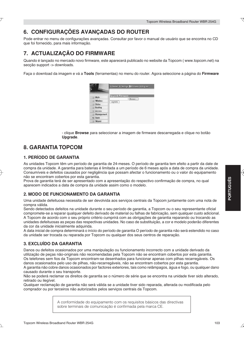 Configurações avançadas do router, Actualização do firmware, Garantia topcom | Topcom Skyr@cer WBR 254G User Manual | Page 103 / 104