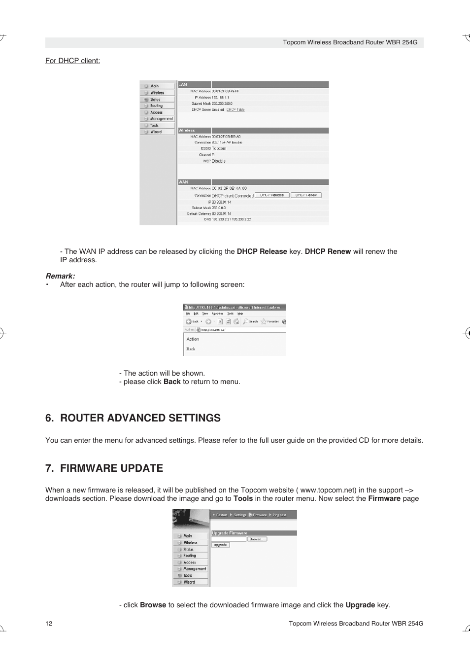 Router advanced settings, Firmware update | Topcom Skyr@cer WBR 254G User Manual | Page 12 / 104
