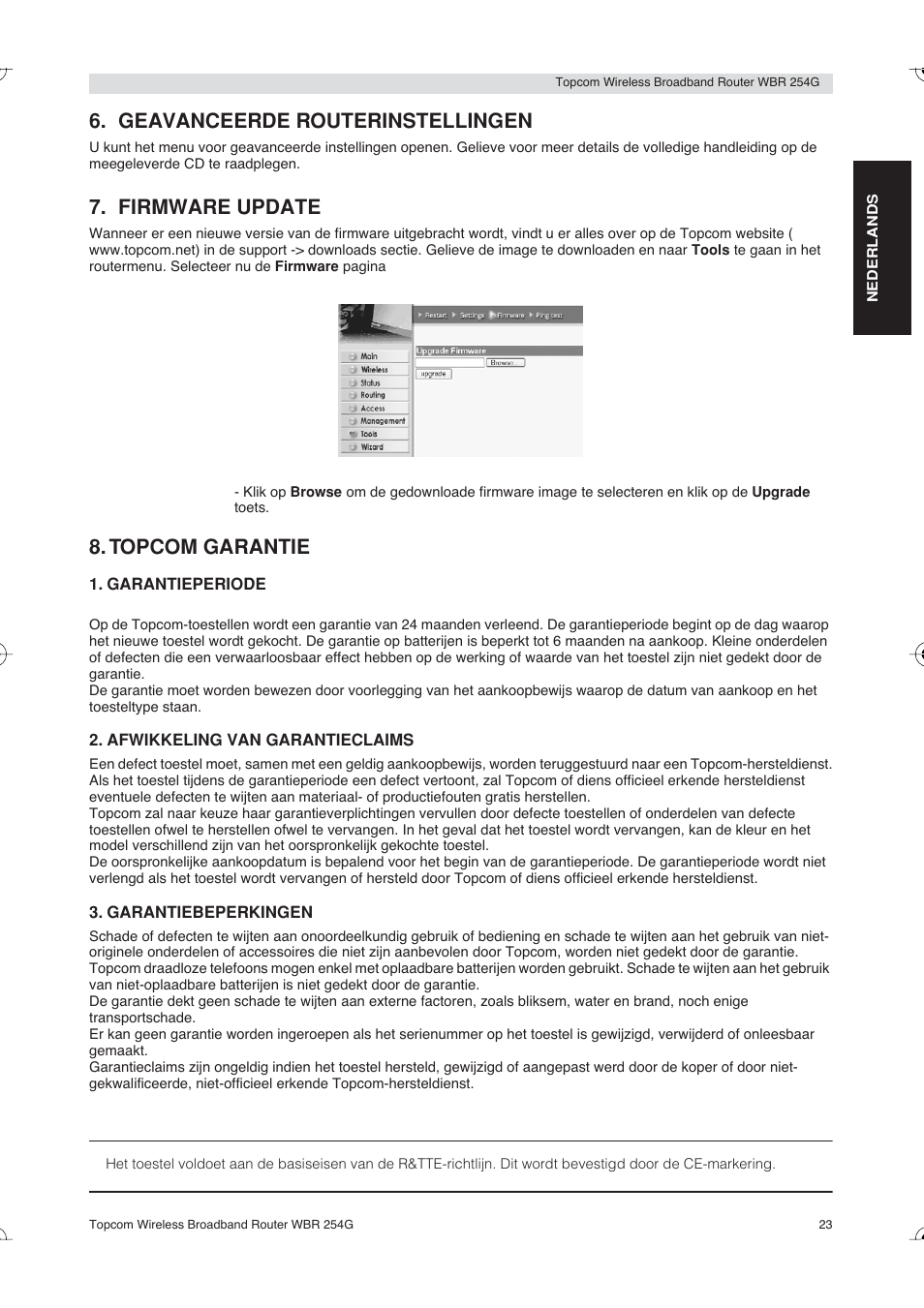 Geavanceerde routerinstellingen, Firmware update, Topcom garantie | Topcom Skyr@cer WBR 254G User Manual | Page 23 / 104