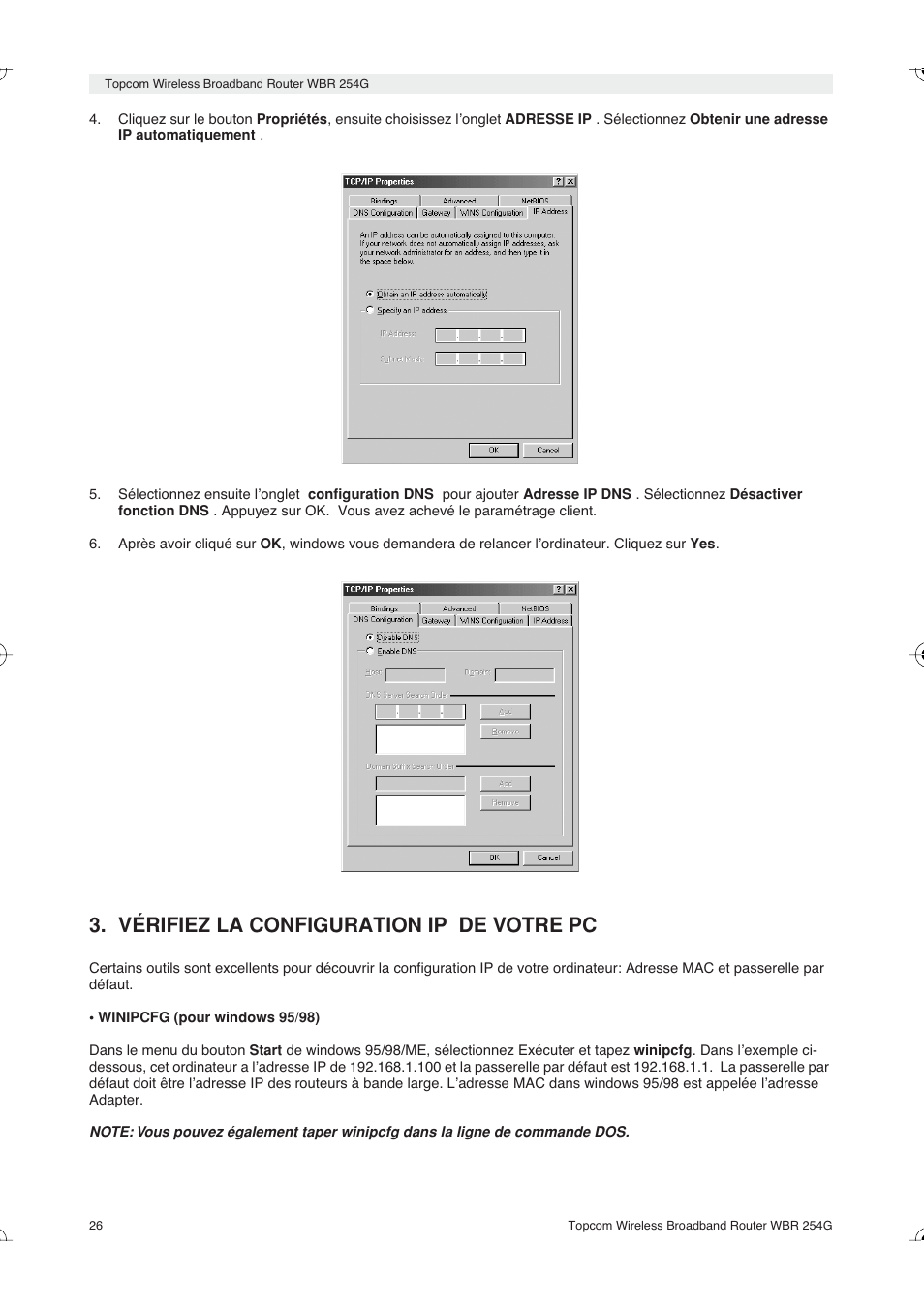 Vérifiez la configuration ip de votre pc | Topcom Skyr@cer WBR 254G User Manual | Page 26 / 104