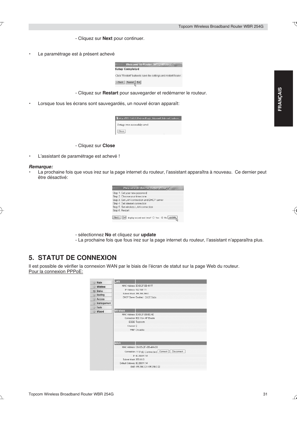 Statut de connexion | Topcom Skyr@cer WBR 254G User Manual | Page 31 / 104