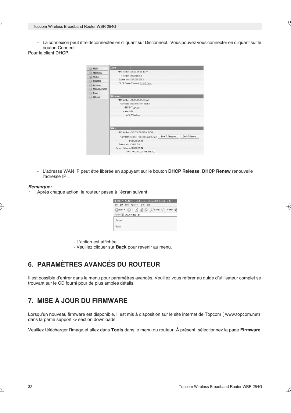 Paramètres avancés du routeur, Mise à jour du firmware | Topcom Skyr@cer WBR 254G User Manual | Page 32 / 104