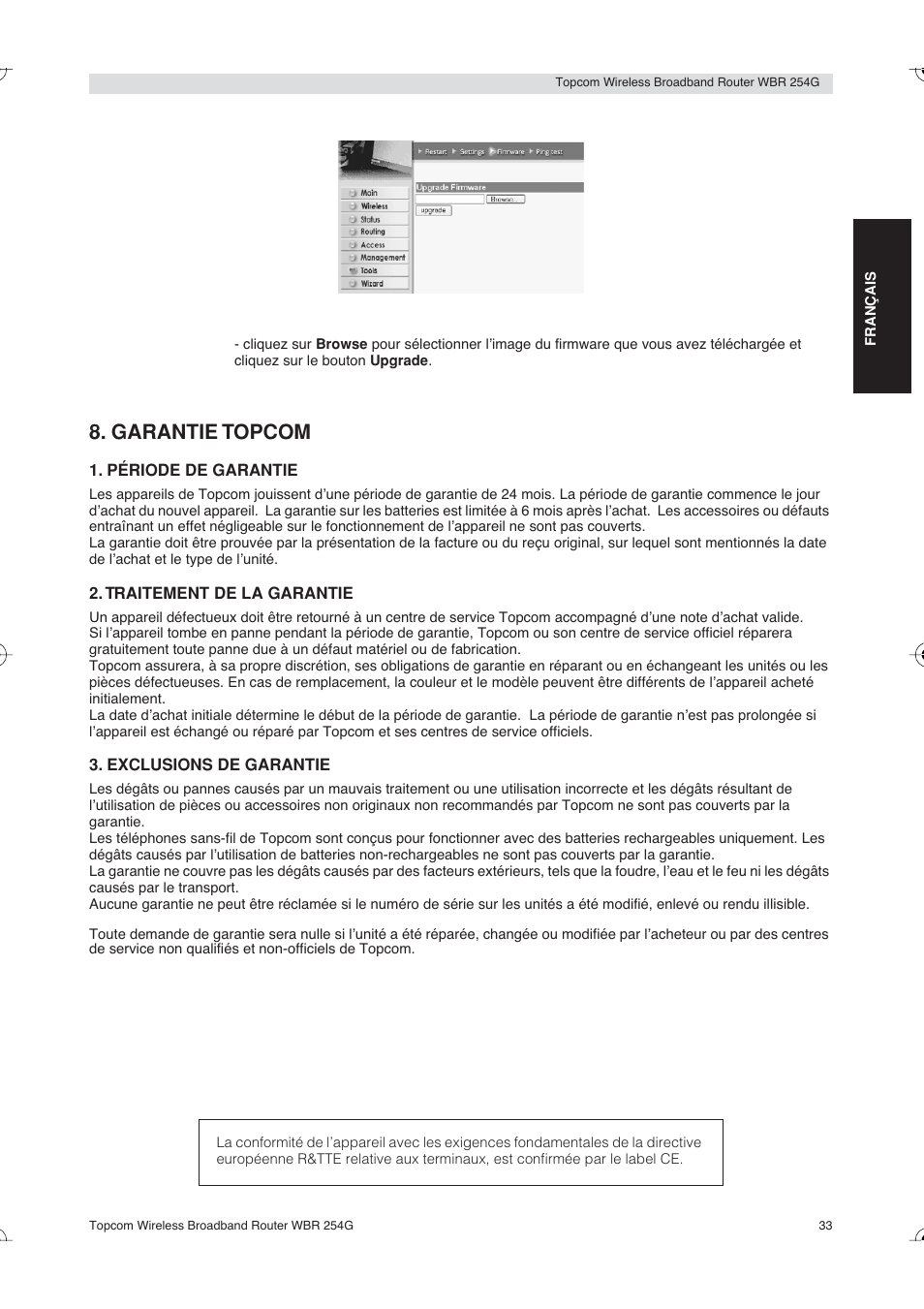 Garantie topcom | Topcom Skyr@cer WBR 254G User Manual | Page 33 / 104