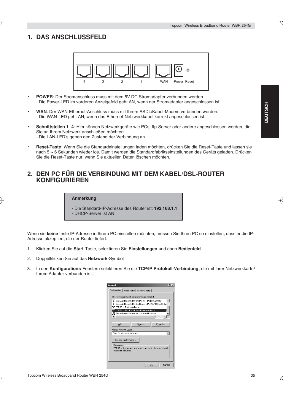 Das anschlussfeld | Topcom Skyr@cer WBR 254G User Manual | Page 35 / 104