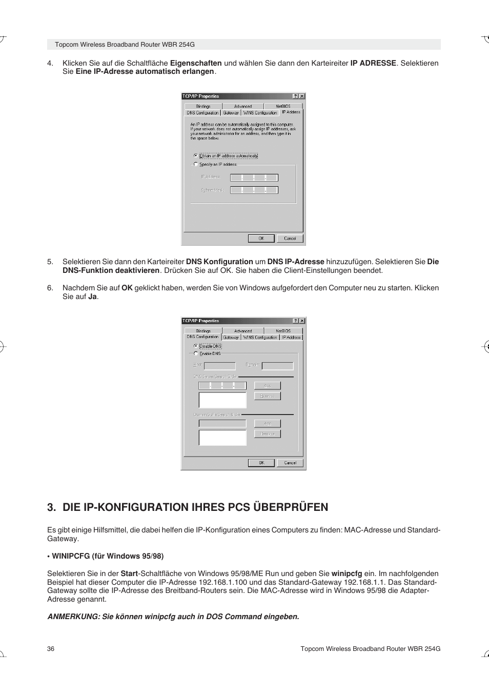 Die ip-konfiguration ihres pcs überprüfen | Topcom Skyr@cer WBR 254G User Manual | Page 36 / 104