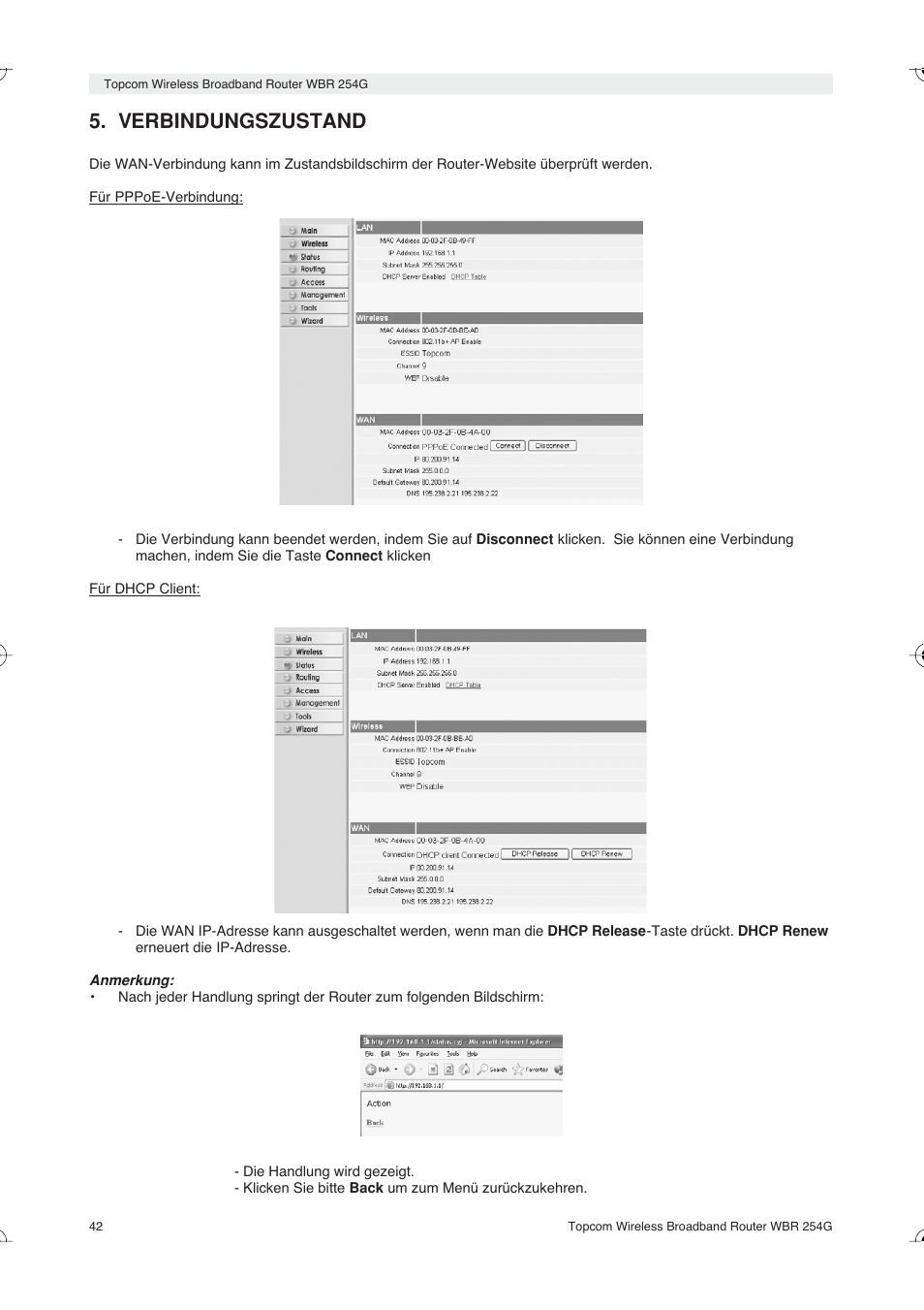 Verbindungszustand | Topcom Skyr@cer WBR 254G User Manual | Page 42 / 104