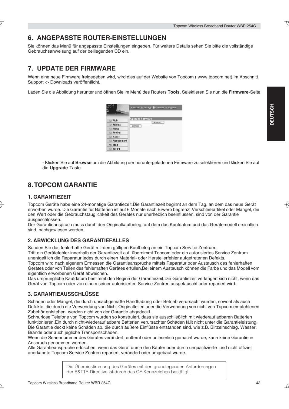 Angepasste router-einstellungen, Update der firmware, Topcom garantie | Topcom Skyr@cer WBR 254G User Manual | Page 43 / 104